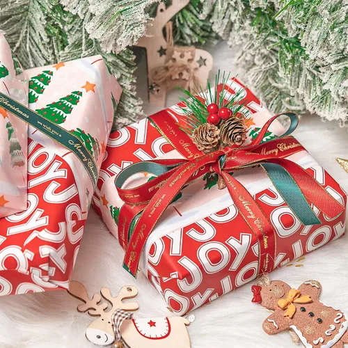 Miniatura 4 de WRAPAHOLIC - Papel de regalo de Navidad reversible, minirollo, 17 pulgadas x 33 pies, diseño de árbol de Navidad con letras “joy”, perfecto