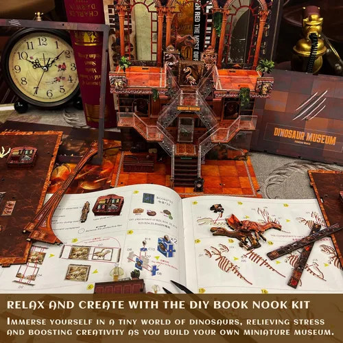 Miniatura 4 de Kit de rincón de libros para adultos – Registro de museo de dinosaurios, rompecabezas de casa de muñecas 3D de madera con luces LED, decoración