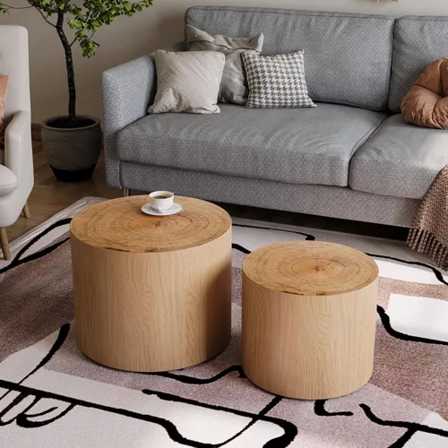 Miniatura 11 de Juego de 2 mesas auxiliares anidables para sala de estar, juego de mesa auxiliar redonda moderno, mesa auxiliar circular de madera y muebles Negro