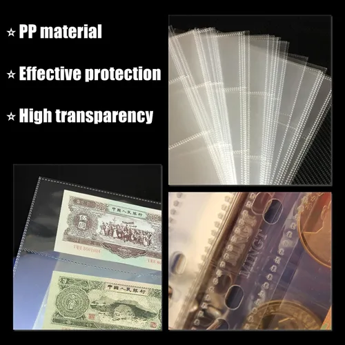 Miniatura 3 de MUDOR 60 hojas de fundas para monedas, 3 bolsillos para coleccionistas, sin PVC ni ácidos, protector de billetes para colección de divisas 60
