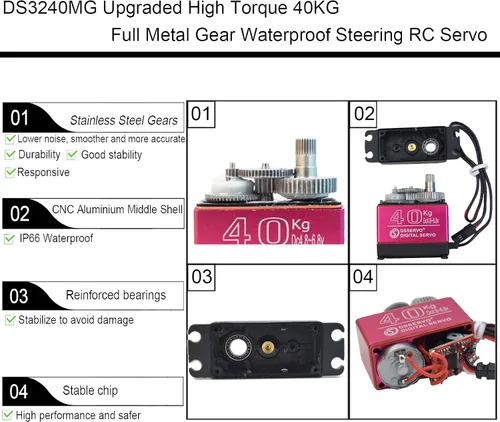 Miniatura 2 de Paquete de 2 servomotor digital RC de 88.2 lbs a prueba de agua DS3240MG de alto par de torsión de engranajes de metal completo para escala 1/8 1/10