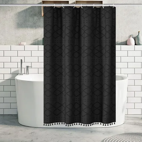 Miniatura 34 de Siiluminisoy Cortina de ducha bohemia rosa con textura y borlas de 72 x 72 pulgadas con tul, cortina de ducha de chenilla tejida con rayas chevrón