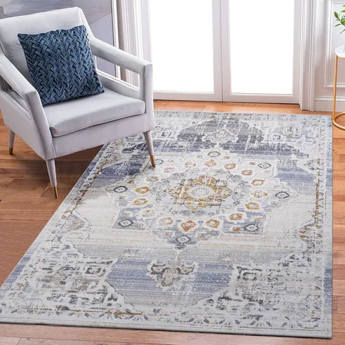Miniatura 12 de NAAR PAYAS Collection - Alfombra de área de 6 x 9 pies, diseño de medallón crema y azul, no se desprende, resistente a las manchas, para sala