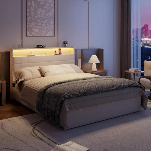 Miniatura 4 de Forestell Base de cama Queen con 4 cajones y cabecera de almacenamiento, base de cama tapizada tamaño Queen con luces LED y estación de carga, Beige