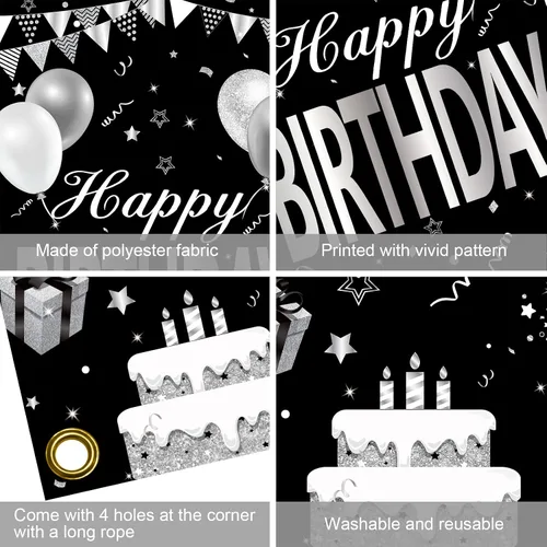 Miniatura 6 de Cartel de feliz cumpleaños negro y blanco plateado para hombres y mujeres, cubierta de puerta de feliz cumpleaños, suministros de fiesta, póster
