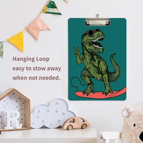 Miniatura 3 de Monopatín verde de dinosaurio, portapapeles de plástico transparente, resistente, lindo bloc de notas A4, clips para escritura, tablero rígido