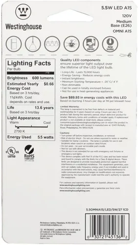 Miniatura 4 de Westinghouse Lighting 4513600 - Bombilla LED A15 equivalente a 60 W, color blanco suave, con base media, 1 unidad (paquete de 1), paquete individual