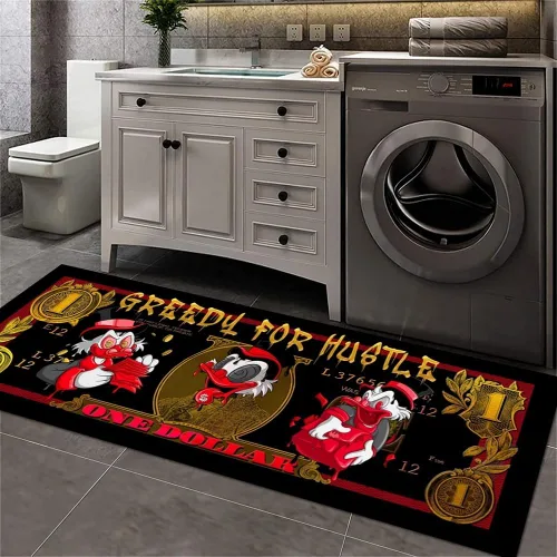 Miniatura 5 de JUST BREATHE Divertida alfombra con dinero de pato rojo de dibujos animados, billete de un dólar, alfombra de corredor negra dorada para hombres