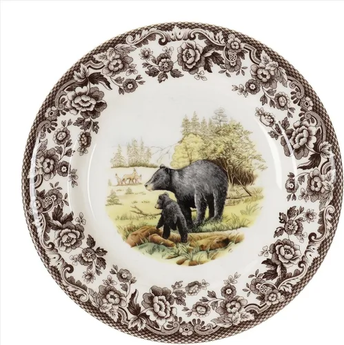 Miniatura 24 de Spode Woodland - Plato de ensalada de porcelana fina, diseño de lucioperca con borde floral marrón, vajilla clásica de campo inglés para cenas