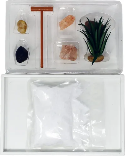 Miniatura 5 de Kit de jardín zen mini de Nature's Mark para escritorio con arena blanca, rastrillo, base blanca, roca de sal y planta aérea (hexágono)