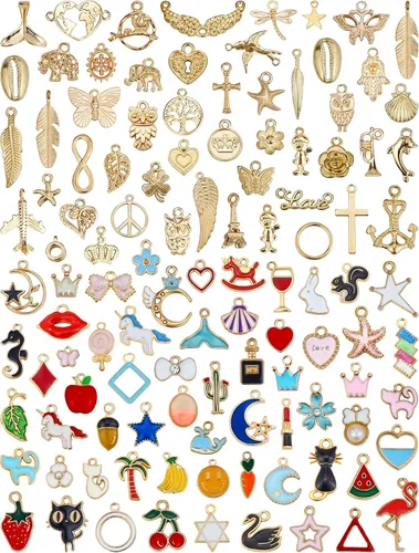 JIALEEY 110 dijes esmaltados chapados en oro surtidos para hacer joyas, collares, pulseras, suministros de manualidades, Zinc, Aleación.