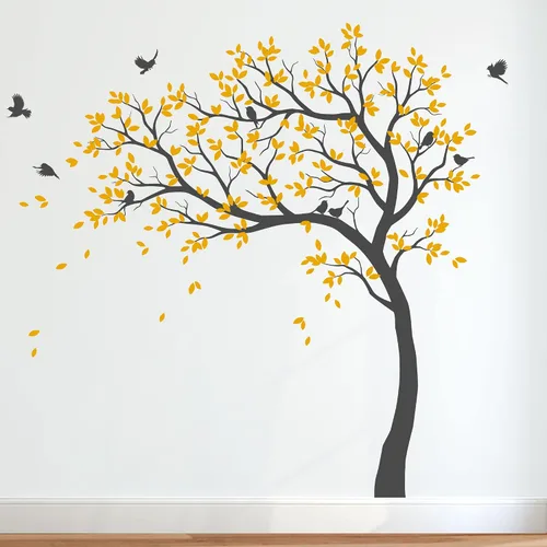 Miniatura 4 de Calcomanías de pared para árbol grande, calcomanías de árbol inclinado con pájaros, mural de vinilo decorativo KW032
