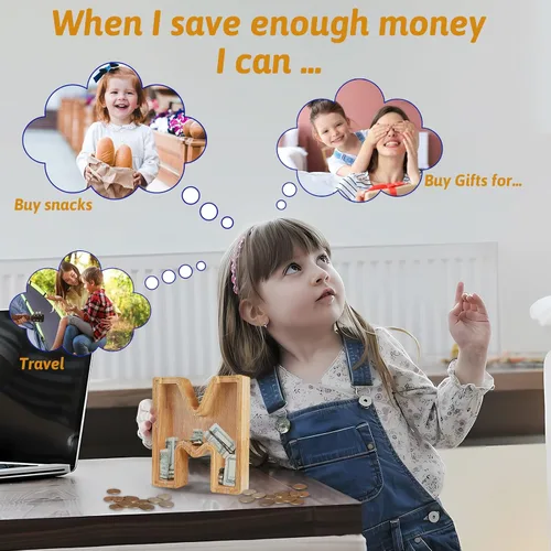 Miniatura 5 de Alcancía para niños y niñas, alcancía grande de madera personalizada con diseño recortado, bancos de monedas con letras del alfabeto, caja de ahorro