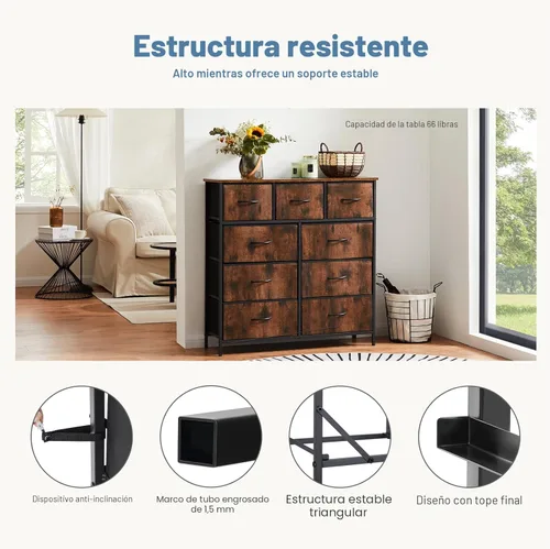 Miniatura 6 de DUMOS Cómoda para dormitorio, organizador de almacenamiento con 9 cajones, cómoda con cubos de tela, marco de metal resistente, mesa de madera