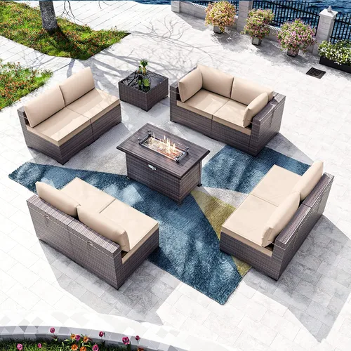 Miniatura 29 de Kullavik Juego de 13 muebles de patio al aire libre con mesa de fogata de gas propano de 43 pulgadas, 55000 BTU, mimbre de polietileno, sofá Arena