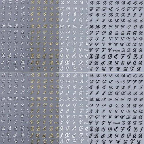 Miniatura 6 de Calcomanías de uñas con letras, 8 hojas de calcomanías de uñas con letras en inglés antiguo, 3D, autoadhesivas, doradas, plateadas, negras, blancas