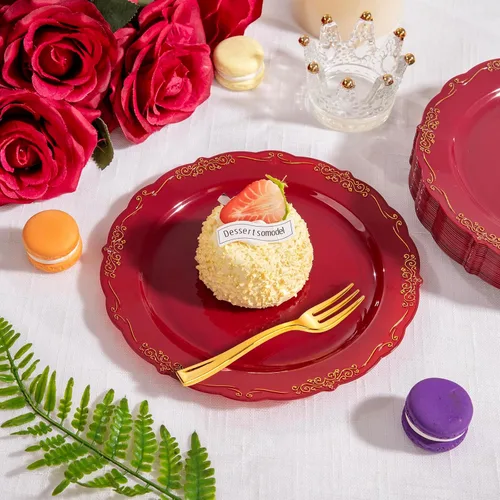 Miniatura 5 de LIYH 100 Platos de Postre de Plástico Burdeos Dorado con 100 Tenedores de Postre Dorados, Platos de Ensalada Rojos Desechables Incluye 100 Platos