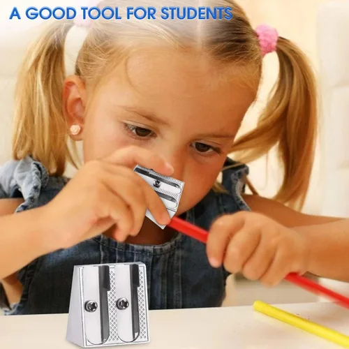 Miniatura 7 de Sacapuntas de metal, 4 sacapuntas manuales de doble agujero para lápices de grafito de colores, sacapuntas de crayón, oficina en casa y escuela