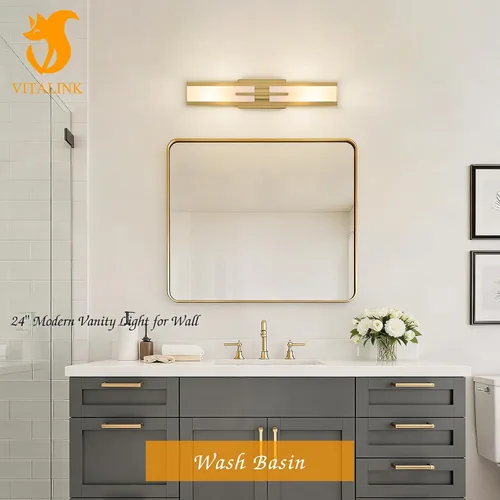 Miniatura 6 de VitaLink Lámpara de tocador dorada, 24 pulgadas, moderna lámpara de pared de baño sobre espejo de tocador, 2 luces cableadas de vidrio blanco