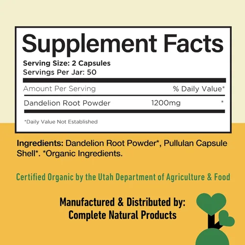 Miniatura 4 de Complete Natural Products Cápsulas de raíz de diente de león puras y orgánicas - Cápsulas de 600 mg 100 píldoras Raíz de diente de león seca