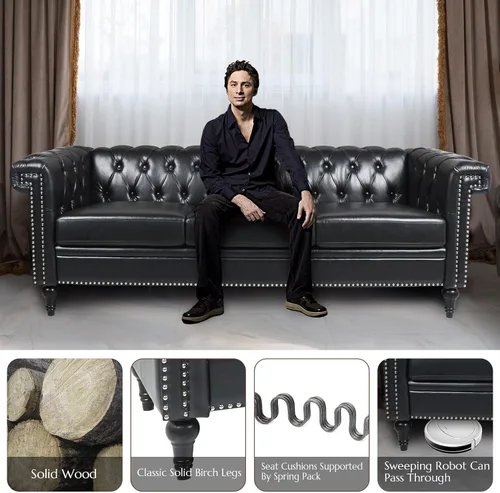 Miniatura 3 de Sofá Chesterfield de piel sintética negra para sala de estar, asiento profundo, cómodo sofá de 3 plazas de gran tamaño, con botones, con cabeza