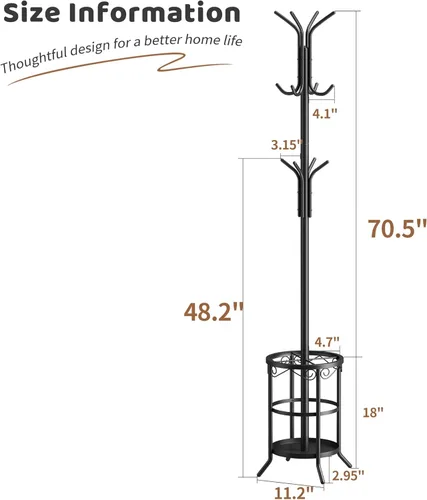 Miniatura 7 de Perchero independiente con soporte para paraguas, perchero con 12 ganchos, abrigo de metal, abrigo de árbol y sombrero, chaqueta de entrada (negro)