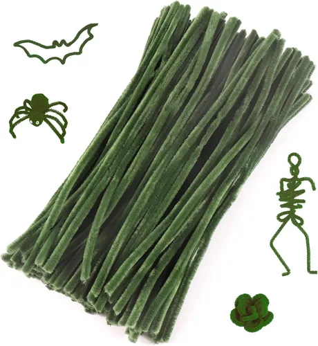 Miniatura 20 de Caydo 100 piezas de limpieza de tuberías verde militar, tallos de felpilla flexibles para proyectos de manualidades y decoraciones del día