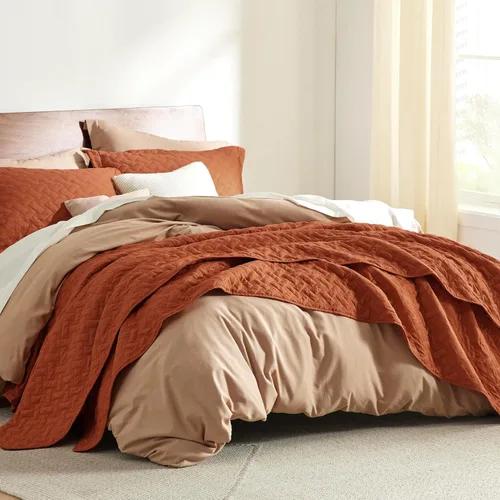 Miniatura 5 de Bedsure Colchas de tamaño Queen - Colchas ligeras tamaño Queen con patrón de tejido de canasta, ropa de cama suave, colcha de edredón rojo y naranja