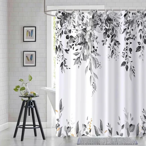 Cortina de ducha de hojas de eucalipto en blanco y negro, hojas de acuarela negras y doradas, cortina de baño con plantas botánicas, tela