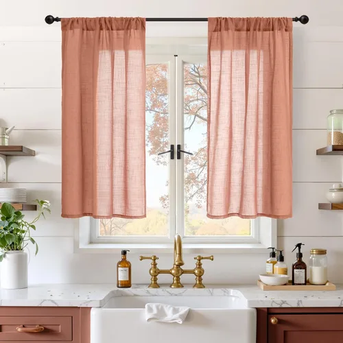 Miniatura 118 de BGment Cortinas de lino café de 30 pulgadas de largo para ventana pequeña, cortinas de media ventana beige semitransparentes ligeras con bolsillo