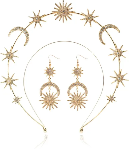 Halo Crown - Stars Crystal Goddess HeadBand with Earrings Mary Metal Halo Headpiece Celestial Crowns Tiaras for Women Bridal Wedding Costume Cosplay