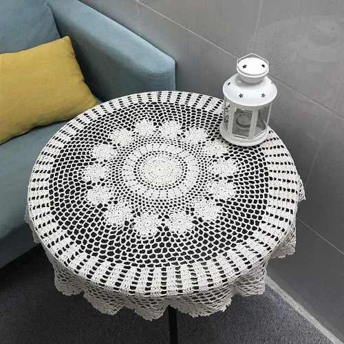 Miniatura 3 de Hetao Mantel redondo de ganchillo 100% algodón hecho a mano tapetes de encaje cubiertas de mesa, beige, 27 pulgadas
