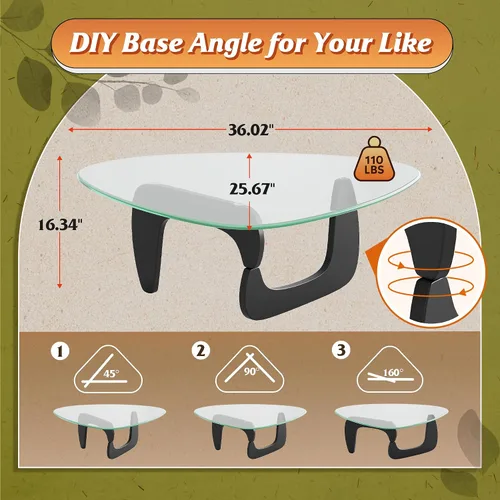 Miniatura 3 de WLIVE Mesa de café, mesa de café pequeña de vidrio con patas de madera maciza, mesas de sala de estar triangulares de 36" de mediados de siglo, mesa