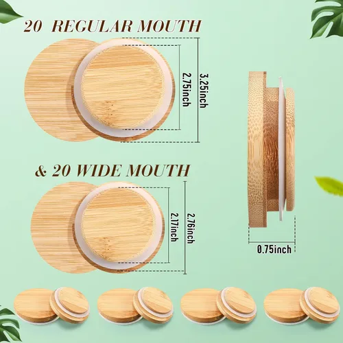 Miniatura 2 de 40 tapas de bambú para frascos de conservas, 20 tapas para tarros de conservas, boca regular, 20 piezas de boca ancha, reutilizables, de madera