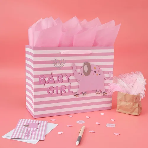 Miniatura 5 de wishinside Juego de bolsa de regalo rosa grande de 13 pulgadas con tarjeta de felicitación y papel de seda (elefante 3D) para bebé, baby shower