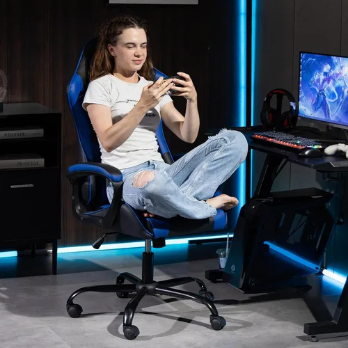 Miniatura 2 de Silla gamer de piel sintética con masaje, para PC y videojuegos, con soporte lumbar para hombres y mujeres, para el hogar y la oficina, altura Azul