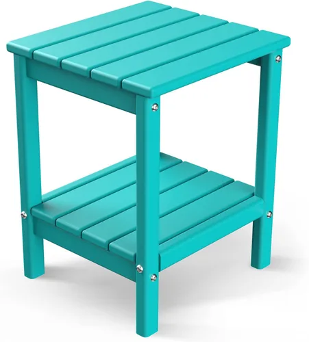 GREENVINES Adirondack - Mesa lateral para exteriores | 14 x 13 pulgadas | Plástico HDPE | Todo clima | Aqua | Mesas auxiliares exteriores | Estante