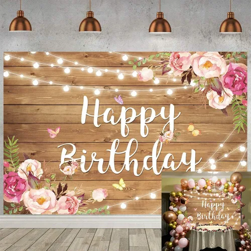 Miniatura 10 de Fondo de madera rústica floral para cumpleaños, flores de primavera, purpurina de madera, fondo de fotografía de feliz cumpleaños para mujeres