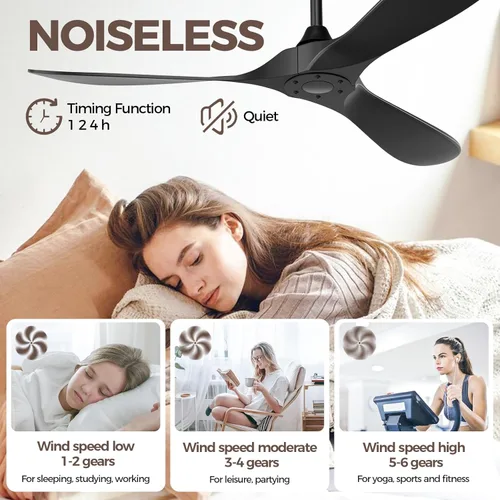 Miniatura 3 de Obabala Ventilador de techo negro para exteriores, ventiladores de techo de 52 pulgadas, sin luz con control remoto, 3 cuchillas, motor CC