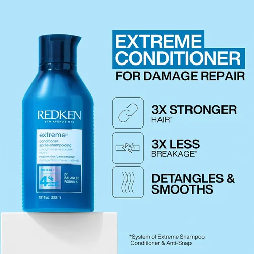 Miniatura 4 de Redken Juego de champú, acondicionador y tratamiento sin enjuague extremo para cabello dañado, repara y reduce la rotura, impregnado con proteínas