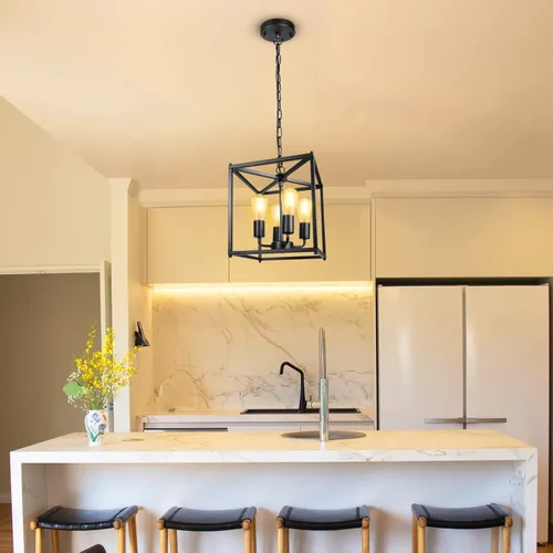 Miniatura 6 de Unicozin Candelabro de granja negro de 4 luces, lámpara colgante de linterna de hierro, jaula rústica de altura ajustable, base E26, luces colgantes