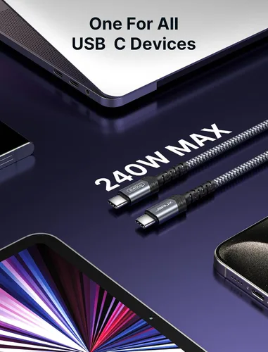Miniatura 2 de JSAUX Cable USB C de 240 W de 6.6 pies, cable USB C tipo C de carga rápida para MacBook, iPad, Dell XPS, iPhone 17/iPhone Air/iPhone 17 Pro Max, Gris