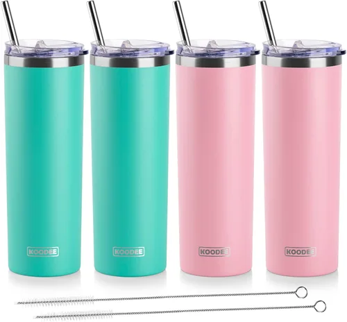 Miniatura 41 de Koodee - Vaso delgado de acero inoxidable de 20 onzas (4 unidades) aislado con doble pared, vaso de agua con 4 tapas, 4 popotes y 2 cepillos