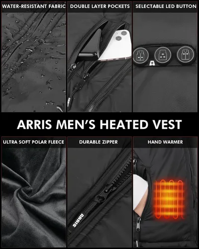 Miniatura 6 de ARRIS Fleece Heated Vest for Men with Battery Pack Included, Size Adjustable 8 Heating Zones for Hunting Black