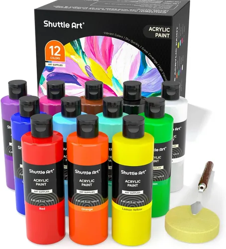 Shuttle Art 12 colores de pintura acrílica, botellas de 250 ml/8.45 oz, juego de pintura acrílica, pigmentos ricos, suministros de pintura a granel