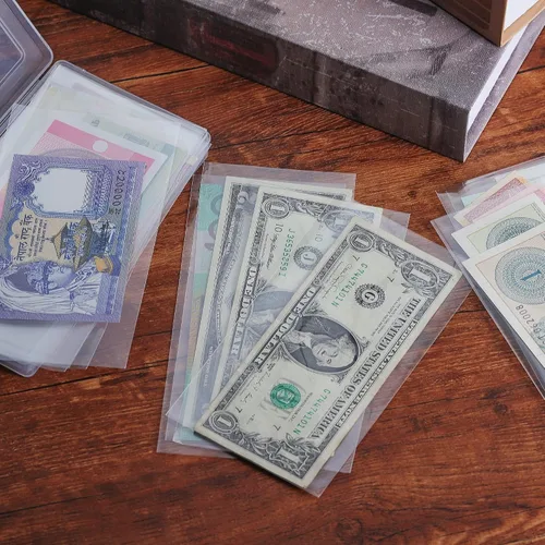 Miniatura 6 de Uncle Paul 100 piezas de billetes de dólar con caja de almacenamiento, fundas de papel transparente para moneda y fundas de colección de dinero