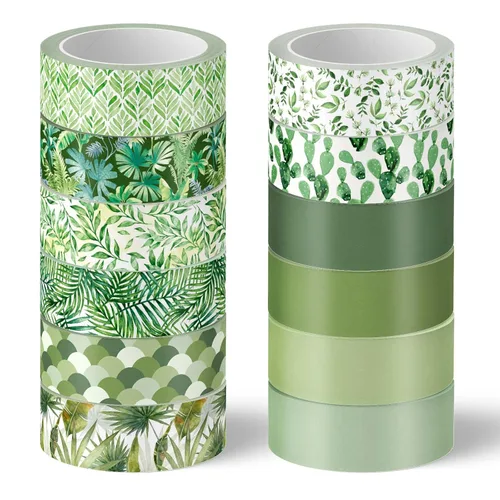 Whaline 12 Rollos Cinta Washi de Vegetación Cinta Washi de Hojas Verdes Variadas Plantas Temática Cinta Decorativa de Enmascarar para Álbum de