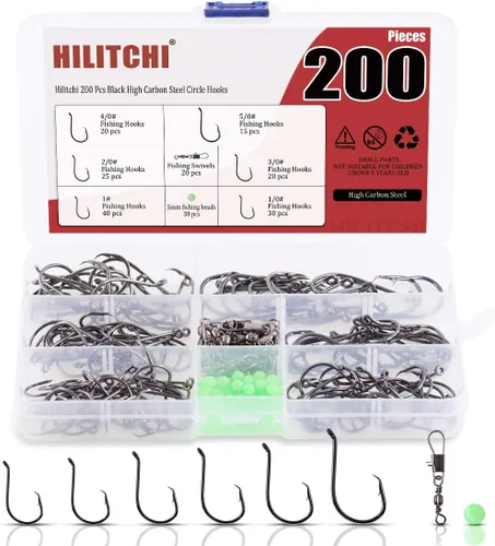Hilitchi 200 ganchos de pesca de 6 tamaños, diseño de punto compensado en acero de alto carbono, ganchos circulares para agua salada y agua dulce