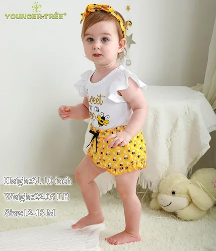 Miniatura 3 de YOUNGER TREE Traje de bebé niña de primer cumpleaños con estampado de abejorro de abejorro, mameluco corto con diadema de verano con mangas