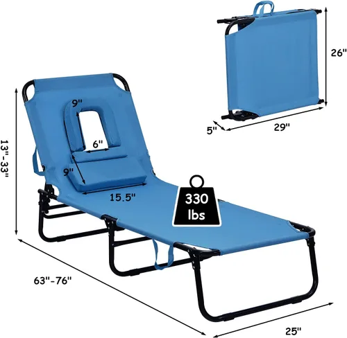 Miniatura 3 de GYMAX Sillón de playa, silla para tomar el sol, silla plegable ajustable reclinable con agujero para la cara